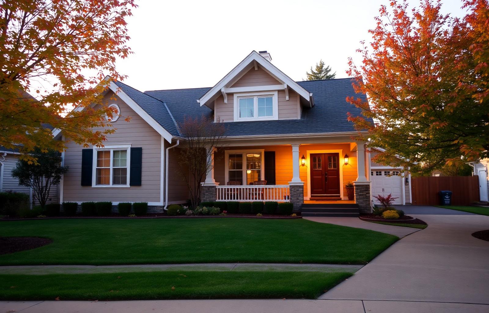 A well-maintained craftsman home at golden hour
